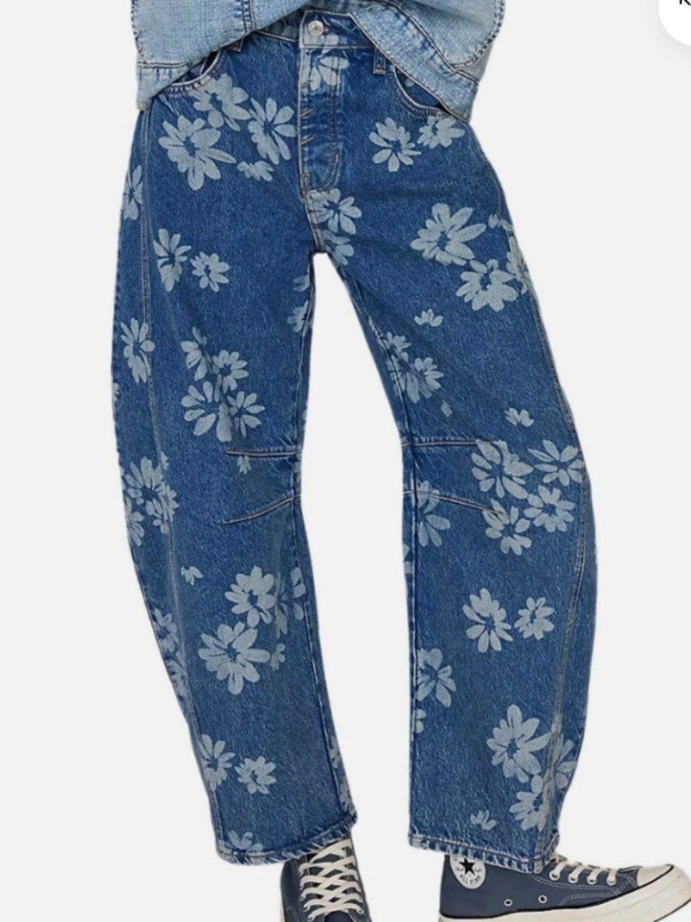 FREE PEOPLE DAISY PRINTED BARREL JEANS INDIGO 31